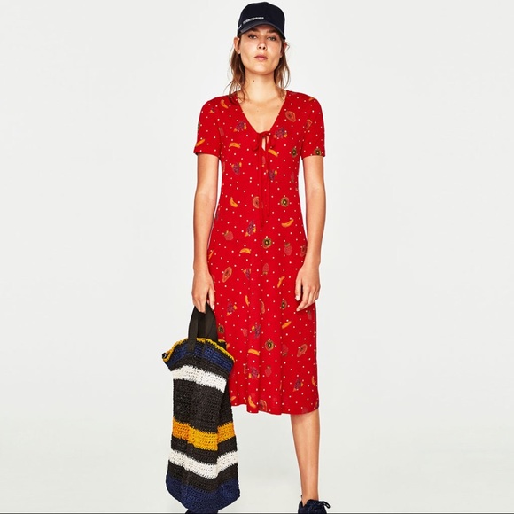 red print dress zara